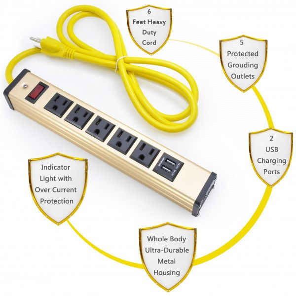 Pulpit 5-gniazdowy listwa zasilająca z ładowarką USB, 5-gniazdowym listwą zasilającą 5v 2.4A / 1A